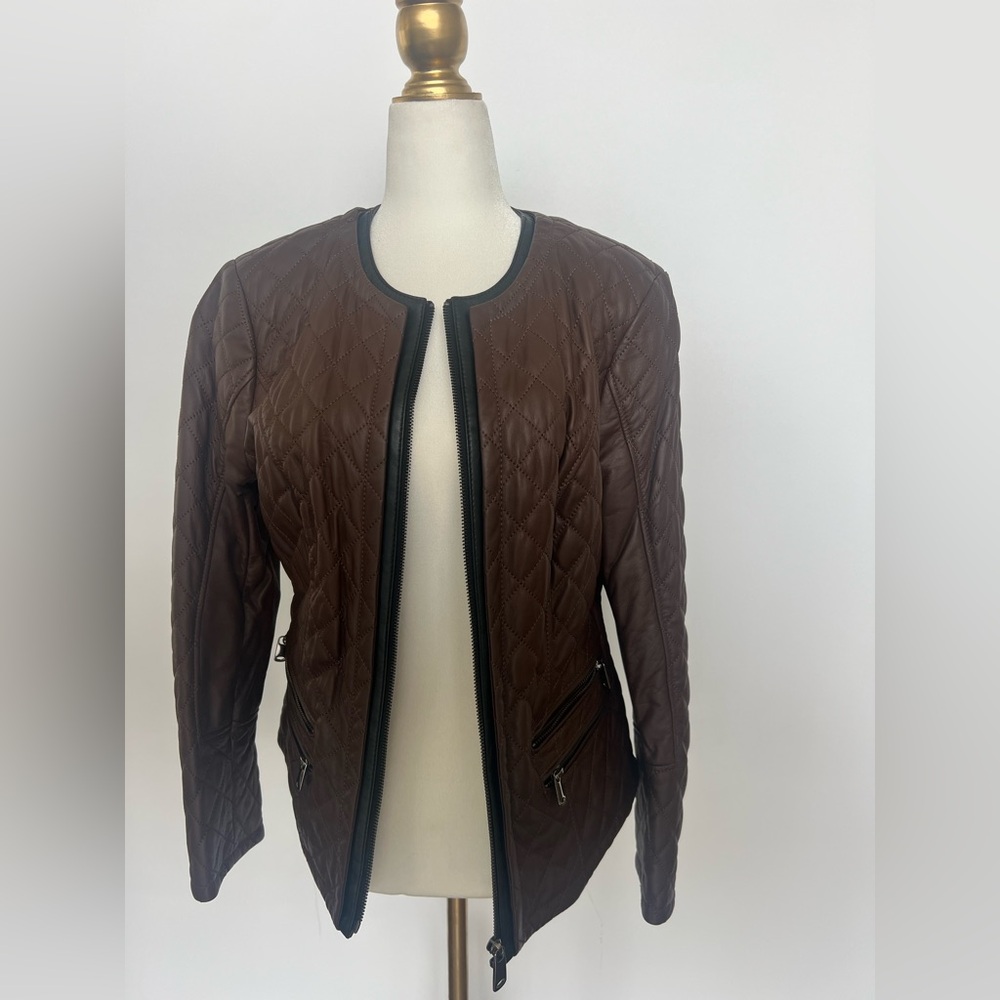 Brown Black Real Leather Quilted Cropped Women's Jacket